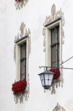 Palais Lichtenstein, historic building, facade with painting, historic lantern, Herrengasse,