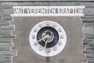 Facade with wall clock, historic building, district court, Feldkirch, Vorarlberg, Austria
