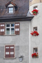 Facade, window shutters, floral decoration, historic building, Chrurer Tor, Feldkirch, Vorarlberg,