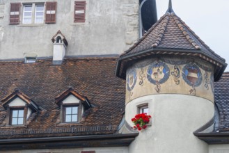 Facade, window shutters, floral decoration, historic building, Chrurer Tor, Feldkirch, Vorarlberg,