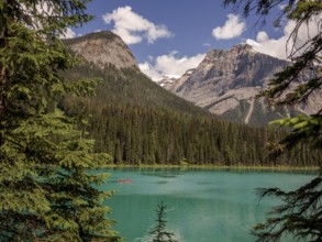 Kayak on Emerald Lake with the Canadian Rocky Mountains landscape within Yoho National Park in