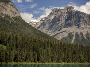 Scenic view of Emerald Lake and the Canadian Rocky Mountains with a dense forest backdrop within