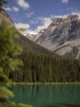 Peaceful Emerald Lake with reflection beside the Canadian Rocky Mountains and forest within Yoho