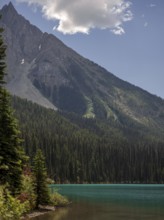 Steep mountain range of the Canadian Rocky Mountains above dense forest and Emerald Lake inside