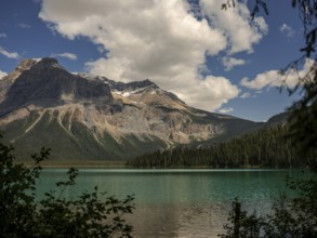 Emerald Lake with lush greenery and the rugged Canadian Rocky Mountains within Yoho National Park