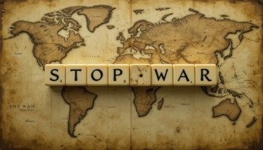 The image features the message STOP WAR spelled out with letter tiles on an antique world map,