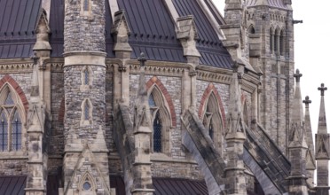 A close-up of the Canadian Parliament Buildings with gothic design and intricate details in Ottawa,
