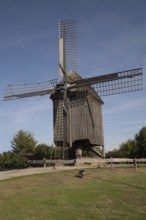 Borken, NRW, Germany, Historic wooden windmill featuring large sails, standing in a green field
