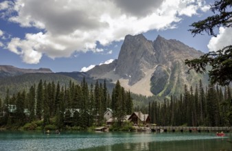 Scenic view of Emerald Lake and the Canadian Rocky Mountains with cabins from Emerald Lake Lodge