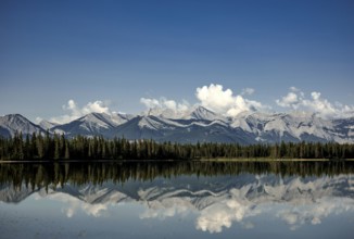 Clear reflections of mountain peaks of the Canadian Rocky Mountains in a lake under fluffy clouds