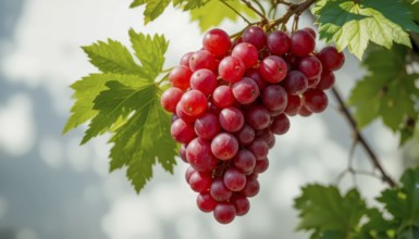 A cluster of juicy red grapes hangs from a vine, surrounded by lush green leaves, captured in