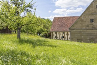 Idyllic rural scenery with barn at spring time