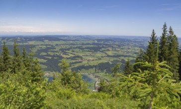 Idyllic aerial view seen from the Immenstaedter Horn around Immenstadt at the Allgaeu region in