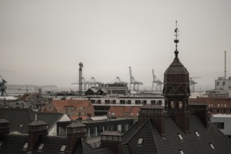 View of a cityscape with rooftops and cranes in the distance under an overcast sky in Aarhus,