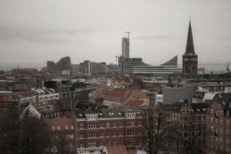 Urban skyline with historic and modern buildings under a gray sky, featuring several towers in