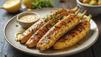 Delicious grilled plantains are served on a plate with a side of sauce, garnished with herbs, and