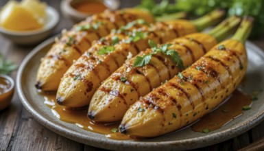 Close-up shot of delicious grilled plantains served on a plate, garnished with fresh herbs and