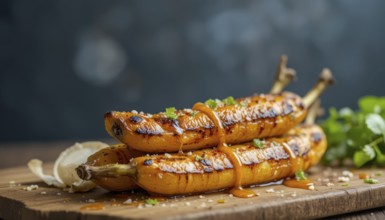 Delicious grilled plantains drizzled with a flavorful sauce, garnished with herbs, and served on a