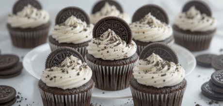 A close-up shot of several chocolate cupcakes topped with creamy frosting and Oreo cookies, perfect