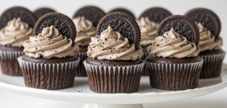 A close-up shot of several chocolate cupcakes topped with creamy frosting and an Oreo cookie,
