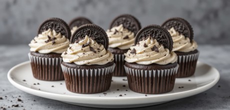 A close-up shot of several chocolate cupcakes topped with cream cheese frosting and Oreo cookies,