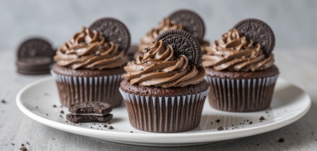 A close-up shot of several chocolate cupcakes with rich chocolate frosting and cookie decorations,
