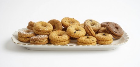 A variety of cookies, some with chocolate chips and powdered sugar, are arranged on a white,