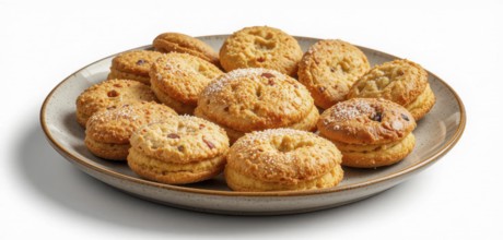 A plate of golden-brown cookies, possibly sandwich cookies, are presented on a neutral-toned plate
