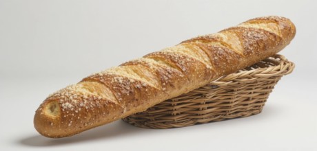 A golden-brown baguette, sprinkled with crumbs, rests in a woven wicker basket against a white