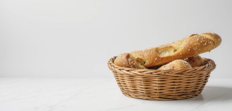 A rustic scene featuring a basket filled with various types of bread, set against a clean white