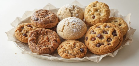 A variety of cookies, including chocolate chip and powdered sugar, are arranged on a plate with