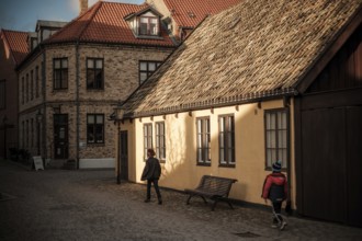 A quiet street with brick buildings and tile roofs, bathed in warm autumn light and shadows in