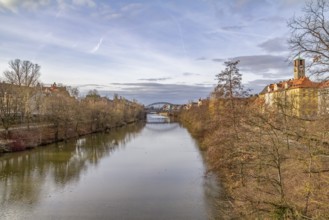 Idyllic riverside scenery in Bamberg, a town in Upper Franconia, Germany