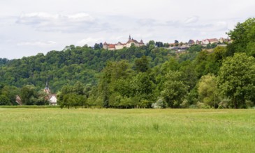 Panoramic summertime scenery around Langenburg and Baechlingen in the Schwaebisch Hall district in