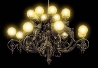Illuminated historic dusty chandelier in black back