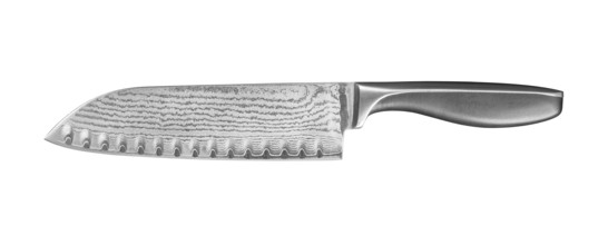 Pattern-welded kitchen knife isolated in white back