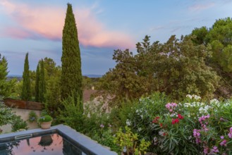 Idyllic scenery including a small swimming pool seen in Beaumes-de-Venise, a commune in the
