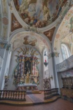 Church of St Gallus and Ulrich, main altar and ceiling frescoes, Kisslegg, Allgäu,