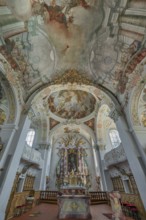 Church of St Gallus and Ulrich, main altar and ceiling frescoes, Kisslegg, Allgäu,