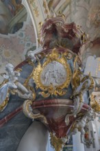Church of St Gallus and Ulrich, the pulpit with frescoes, Kisslegg, Allgäu, Baden-Württemberg,