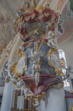 Church of St Gallus and Ulrich, the pulpit with frescoes, Kisslegg, Allgäu, Baden-Württemberg,