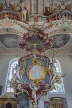 Church of St Gallus and Ulrich, the pulpit with frescoes, Kisslegg, Allgäu, Baden-Württemberg,