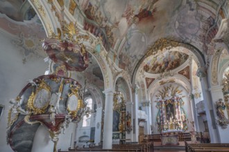 Church of St Gallus and Ulrich, pulpit, high altar and ceiling frescoes, Kisslegg, Allgäu,