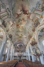 Church of St Gallus and Ulrich, nave with organ loft and ceiling frescoes, Kisslegg, Allgäu,