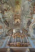Church of St Gallus and Ulrich, the organ loft with ceiling frescoes, Kisslegg, Allgäu,