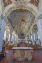 Church of St Gallus and Ulrich, nave with organ loft and ceiling frescoes, Kisslegg, Allgäu,