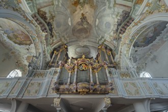 Church of St Gallus and Ulrich, the organ loft with ceiling frescoes, Kisslegg, Allgäu,