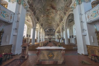 Church of St Gallus and Ulrich, nave with organ loft, Kisslegg, Allgäu, Baden-Württemberg, Germany