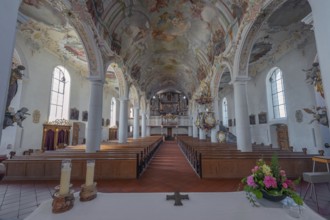 Church of St Gallus and Ulrich, nave with organ loft, Kisslegg, Allgäu, Baden-Württemberg, Germany