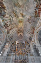 Church of St Gallus and Ulrich, the organ loft with ceiling frescoes, Kisslegg, Allgäu,